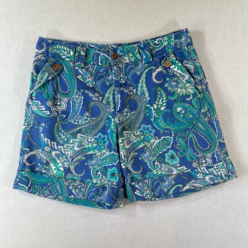 Lauren Ralph Lauren Shorts Women 8 Paisley Cuffed Blue Green Stretch 6.5" Inseam